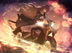 Rule 34 | 1girl, closed mouth, cross-laced clothes, dress, full body, highres, hijiri byakuren, layered dress, light particles, long hair, motor vehicle, motorcycle, remyaruku65, smile, solo, touhou, wavy hair