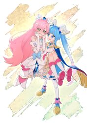 Rule 34 | 2girls, :d, abstract background, absurdres, blue bow, blue eyes, blue footwear, blue hair, blue skirt, boots, bow, carrying, cure prism, cure sky, dot nose, dress, dress bow, embarrassed, fingerless gloves, full body, gloves, green eyes, hair ornament, hands on own cheeks, hands on own face, highres, hirogaru sky! precure, knee boots, legs apart, long hair, looking at another, magical girl, multiple girls, nijigaoka mashiro, open mouth, pink hair, precure, princess carry, shoes, short dress, sidelocks, sipeiren, skirt, smile, sora harewataru, standing, thighhighs, twintails, wavy mouth, white dress, white footwear, white gloves, white thighhighs