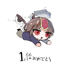 Rule 34 | 1other, androgynous, blue jacket, blush stickers, briefcase, brown hair, brown pants, chibi, collared shirt, commentary request, favnvs (s910a ib6), flying, headpiece, jacket, kokutenshi hibaru, len&#039;en, necktie, object on head, open mouth, other focus, pants, red eyes, red headwear, red necktie, shirt, short hair, simple background, smile, solo, translation request, v-shaped eyebrows, white background, white shirt, wings