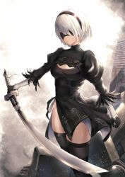 Rule 34 | 1girl, bad id, bad pixiv id, black dress, black gloves, black thighhighs, blindfold, breasts, cleavage, cleavage cutout, clothing cutout, commentary, cowboy shot, day, dress, english commentary, feather-trimmed sleeves, gloves, hairband, highres, holding, holding sword, holding weapon, long sleeves, medium breasts, nier (series), nier:automata, outdoors, puffy long sleeves, puffy sleeves, shichi (ratorin53), short dress, short hair, silver hair, solo, sword, thighhighs, thighs, weapon, 2b (nier:automata)