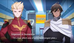 Rule 34 | 2boys, black hair, blonde hair, char&#039;s counterattack, char aznable, char aznable (cosplay), character name, commentary, cosplay, crossover, dark-skinned male, dark skin, derivative work, earrings, english commentary, english text, fate (series), gilgamesh (fate), ginga eiyuu densetsu, gundam, jewelry, kyou (ningiou), multiple boys, multiple crossover, ozymandias (fate), red eyes, reinhard von lohengramm, reinhard von lohengramm (cosplay), screenshot redraw, super robot wars, super robot wars t, yellow eyes, zeon