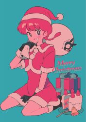 Rule 34 | 1girl, black gloves, blue background, braid, braided ponytail, cake, christmas, christmas cake, christmas present, food, gift, gloves, hat, highres, menma (enaic31), p-chan, ranma-chan, ranma 1/2, red hair, santa hat, simple background, tongue, tongue out