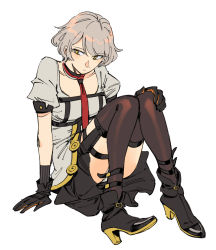 Rule 34 | 1girl, ankle boots, black footwear, black gloves, black skirt, boots, brown thighhighs, closed mouth, convenient leg, girls&#039; frontline, gloves, grey hair, grey shirt, high heel boots, high heels, highres, necktie, panties, puffy short sleeves, puffy sleeves, red necktie, ruukii drift, shirt, short hair, short sleeves, simple background, sitting, skirt, solo, thighhighs, underwear, vector (girls&#039; frontline), white background, white panties, yellow eyes