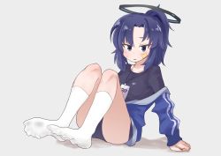 Rule 34 | 1girl, absurdres, blue archive, blue eyes, blue hair, blush, feet, foot focus, halo, highres, jacket, long hair, looking at viewer, parted lips, ponytail, samuimo21, socks, soles, track jacket, white legwear, yuuka (blue archive)