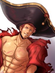 Rule 34 | 1boy, abs, bara, beard, blue eyes, body hair, brown hair, cape, censored, facial hair, fate/grand order, fate (series), large hat, large pectorals, long sideburns, looking at viewer, male focus, muscular, napoleon bonaparte (fate), nipples, paid reward available, pectorals, scar, sideburns, smile, solo, teeth, tentenkingyo, white background
