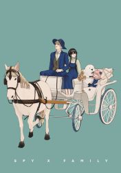 Rule 34 | anya (spy x family), blue dress, blue suit, bond (spy x family), carriage, cart, child, dress, family, formal, great pyrenees, hat, highres, horse, husband and wife, locked arms, lovesulli, mother and daughter, reins, spy x family, suit, twilight (spy x family), victorian, wagon, wheel, white dress, yor briar