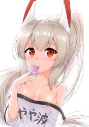 Rule 34 | 1boy, 1girl, ayanami (azur lane), azur lane, blush, breasts, collarbone, commentary request, condom, condom in mouth, hair between eyes, highres, horns, long hair, looking at viewer, mechanical horns, mouth hold, ponytail, portrait, red eyes, shirt, silver hair, simple background, sironora, small breasts, solo, t-shirt, tears, twitter username, white background