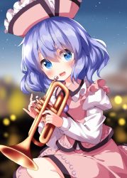 Rule 34 | 1girl, blue eyes, blue hair, blush, happy, highres, holding, holding instrument, instrument, juliet sleeves, light blue hair, long sleeves, looking at viewer, medium hair, merlin prismriver, one-hour drawing challenge, open mouth, outdoors, pink headwear, pink skirt, pink vest, pointy hat, puffy sleeves, ruu (tksymkw), shirt, skirt, skirt set, solo, touhou, trumpet, vest, white shirt