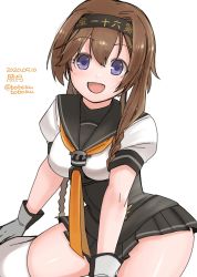Rule 34 | 1girl, black headband, black sailor collar, black skirt, bobokuboboku, braid, brown hair, character name, clothes writing, commentary request, corset, dated, hachimaki, hair ornament, hairband, headband, highres, kantai collection, long hair, looking at viewer, neckerchief, one-hour drawing challenge, pleated skirt, propeller hair ornament, purple eyes, sailor collar, school uniform, serafuku, simple background, sitting, skirt, smile, solo, teruzuki (kancolle), twin braids, twitter username, two-tone gloves, white background, yellow neckerchief, yokozuwari