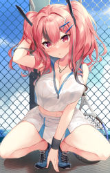 Rule 34 | 1girl, :o, arm support, arm up, armpits, azur lane, bare legs, bare shoulders, between legs, black hair, blue footwear, blue sky, blush, breasts, bremerton (azur lane), bremerton (scorching-hot training) (azur lane), chain-link fence, cleavage, cloud, collarbone, collared shirt, commentary request, crop top, crop top overhang, day, fence, full body, green skirt, hair between eyes, hair intakes, hair ornament, hairclip, hand between legs, hand in own hair, heart, heart necklace, highres, jewelry, large breasts, long hair, looking at viewer, midriff, mole, mole under eye, multicolored hair, natsuki marina, navel, necklace, nose blush, ocean, outdoors, pink eyes, pink hair, racket, shadow, shirt, shoes, sidelocks, skirt, sky, sleeveless, sleeveless shirt, sneakers, solo, sportswear, squatting, streaked hair, sweat, tennis racket, tennis uniform, twintails, two-tone hair, two-tone shirt, two-tone skirt, wet, wet clothes, wet shirt, white shirt, white skirt, wristband, x hair ornament