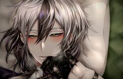 Rule 34 | 1boy, bed, black hair, breath, earrings, gloves, green eyes, grey hair, hair between eyes, hand to own mouth, head on pillow, heavy breathing, jewelry, looking at viewer, lying, male focus, mole, mole under mouth, multicolored hair, nu carnival, on back, parted lips, pillow, rei (nu carnival), short gloves, short hair, sweat, sweatdrop, teeth, wristband, yadome810