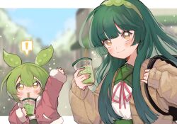 Rule 34 | !, 2girls, :3, ahoge, alternate costume, arm up, bag, blurry, blurry background, blush, brown cardigan, cardigan, closed mouth, coat, commentary request, drink, drinking, fur-trimmed coat, fur trim, green hair, green hairband, green nails, green sailor collar, hair over shoulder, hairband, highres, hikimayu, hime cut, holding, holding drink, letterboxed, light particles, long hair, long sleeves, looking at viewer, multiple girls, neck ribbon, open cardigan, open clothes, open coat, outdoors, outside border, pinky out, red coat, red ribbon, ribbon, sailor collar, school uniform, serafuku, shirt, shirt tucked in, shoulder bag, smile, spoken exclamation mark, touhoku zunko, town, uchisaki himari, upper body, v-shaped eyebrows, voiceroid, voicevox, white shirt, yellow eyes, zundamon