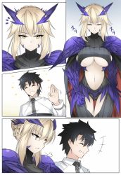 Rule 34 | +++, 1boy, 1girl, :d, puff of air, ^ ^, armor, artoria pendragon (fate), artoria pendragon (lancer alter) (fate), blonde hair, breasts, cape, closed eyes, cowboy shot, fate/grand order, fate (series), fujimaru ritsuka (male), gauntlets, horns, koro (tyunnkoro0902), large breasts, looking at another, navel, open mouth, parted lips, pauldrons, shoulder armor, smile, stomach, underboob, upper body, yellow eyes