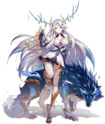 Rule 34 | 1girl, antlers, ark order, bare shoulders, blue fur, blue gloves, boots, breasts, detached sleeves, dress, earrings, full body, fur-trimmed sleeves, fur trim, gloves, gold trim, horn ornament, horn ring, horns, jewelry, large breasts, long hair, long sleeves, looking at viewer, official art, parted bangs, see-through, see-through legwear, sidelocks, silver hair, skadi (ark order), smile, snowflake earrings, snowflake print, solo, sparkle, spirit, tachi-e, thighhighs, transparent background, very long hair, weapon, white dress, white footwear, white thighhighs, wolf