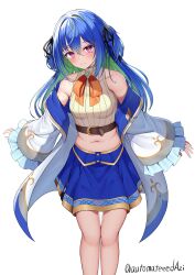 Rule 34 | 1girl, absurdres, belt, black ribbon, blue brooch, blue hair, blue skirt, blush, bow, bowtie, breasts, brown belt, brown shirt, buttons, chest belt, closed mouth, coat, commentary request, crop top, feet out of frame, frilled sleeves, frills, green hair, hair between eyes, hair intakes, hair ribbon, highres, long bangs, long hair, long sleeves, looking at viewer, m-&gt;g, midriff, mole, mole on stomach, mole under eye, multicolored hair, nanashi inc., navel, open clothes, open coat, orange bow, orange bowtie, pink eyes, plaid trim, ribbon, shirt, simple background, skirt, small breasts, smile, solo, striped clothes, striped shirt, suzumi nemo, suzumi nemo (1st costume), two-tone hair, two side up, vertical-striped clothes, vertical-striped shirt, virtual youtuber, white background, white coat