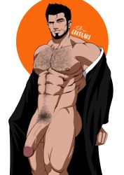 Rule 34 | 1boy, abs, absurdres, bara, bleach, body hair, crestren, highres, kurosaki isshin, large penis, male focus, muscular, naughty face, pectorals, penis, presenting, rope, smile, solo, undressing