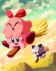 Rule 34 | :d, aruco co, black dress, black eyes, blue eyes, blunt bangs, blush, blush stickers, bow, broom, broom riding, chuchu (kirby), closed eyes, cloud, cloudy sky, commentary, dress, gradient sky, grass, grey hair, happy, highres, hill, keke (kirby), kirby, kirby (series), nintendo, no humans, on head, open mouth, outdoors, red bow, short hair, sky, smile, sparkle, star (symbol), sunset, symbol-only commentary, twilight
