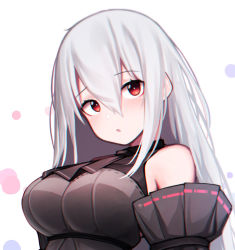Rule 34 | arknights, ascot, beudelb, black ascot, blush, highres, long hair, looking at viewer, open mouth, red eyes, simple background, skadi (arknights), sleeveless, solo, tagme, white background, white hair