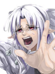 Rule 34 | 00s, 1girl, bow, capelet, close-up, crying, crying with eyes open, garreki, hair bow, highres, long hair, melty blood, open mouth, outstretched arms, pointy ears, red eyes, silver hair, slit pupils, solo, tears, tsukihime, white len (tsukihime)