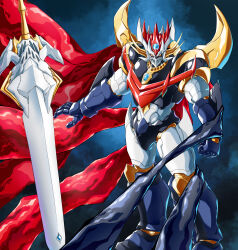 absurdres cape clenched_hands highres horns looking_at_viewer mazin_emperor_g mazinemperor_g mazinger_(series) mecha mecha_focus no_humans open_hand robot science_fiction solo super_robot super_robot_wars super_robot_wars_v sword weapon yellow_eyes yingjian