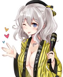 Rule 34 | 10s, 1girl, \||/, baseball bat, blue eyes, breasts, chiune (yachi), collarbone, hanshin tigers, happi, hat, heart, holding, japanese clothes, kantai collection, kashima (kancolle), large breasts, looking at viewer, nippon professional baseball, one eye closed, open clothes, robe, silver hair, solo, tongue, tongue out, twintails, upper body, wavy hair, white background, wide sleeves