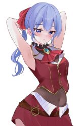 Rule 34 | 1girl, absurdres, armpits, arms behind head, ascot, belt, black choker, blue eyes, blue hair, blush, breasts, brown belt, choker, cleavage, cosplay, covered navel, cropped jacket, fawny, frilled choker, frills, hair ribbon, highres, hololive, hoshimachi suisei, houshou marine, houshou marine (1st costume), houshou marine (cosplay), jacket, leather belt, leotard, leotard under clothes, long hair, looking at viewer, miniskirt, pleated skirt, red ascot, red jacket, red ribbon, red skirt, ribbon, side ponytail, skirt, sleeveless, sleeveless jacket, small breasts, star (symbol), star in eye, symbol in eye, virtual youtuber, white background