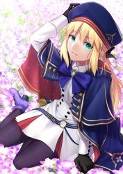 Rule 34 | 1girl, absurdres, artoria caster (fate), artoria caster (second ascension) (fate), artoria pendragon (fate), blonde hair, boots, eyes visible through hair, fate/grand order, fate (series), flower, gloves, green eyes, hair between eyes, hat, high heel boots, high heels, highres, long hair, long sleeves, looking at viewer, pantyhose, shakuyouka, smile, solo