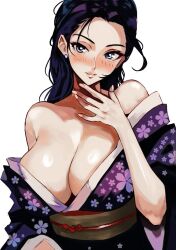 Rule 34 | 1girl, ai-assisted, bare shoulders, blue eyes, blush, breasts, cleavage, earrings, highres, japanese clothes, jewelry, kimono, large breasts, long hair, looking at viewer, nico robin, obi, off shoulder, one piece, purple hair, purple kimono, sash, solo, vcais, white background