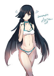 Rule 34 | 1girl, absurdres, bikini, black hair, breasts, brown eyes, choker, commentary request, cowboy shot, dated, gradient hair, hair over one eye, hair ribbon, hayashimo (kancolle), highres, kantai collection, long hair, looking at viewer, multicolored hair, one-hour drawing challenge, ribbon, signature, simple background, small breasts, solo, standing, swimsuit, tsutsusaku poyoyo, very long hair, white background, white bikini, white ribbon