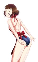 Rule 34 | 10s, 1girl, apron, arms behind back, ass, back, backless outfit, bad id, bad pixiv id, bare back, bare shoulders, bent over, blush, bob cut, brown eyes, brown hair, buruma, from behind, hyouka, ibara mayaka, looking back, naked apron, nearly naked apron, short hair, simple background, solo, topless, unitaisho, white background