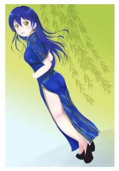 Rule 34 | 1girl, artist name, artist request, bare legs, black footwear, blue dress, blue hair, blue skirt, blush, breasts, brown eyes, china dress, chinese clothes, dress, female focus, floating hair, floral print, from behind, full body, green background, hair between eyes, high heels, highres, long hair, looking at viewer, looking back, love live!, love live! school idol project, miniskirt, parted lips, plaid, plaid dress, plaid skirt, pleated, pleated dress, pleated skirt, skirt, smile, solo, sonoda umi, wavy hair, yellow eyes