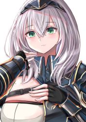 Rule 34 | 1girl, armor, black gloves, black jacket, braid, breasts, cleavage, collared jacket, commentary request, fingerless gloves, gloves, green eyes, grey hair, hair between eyes, hands up, headpiece, highres, hololive, jacket, large breasts, long hair, mole, mole on breast, natsuki (natukituki), pauldrons, shirogane noel, shirogane noel (1st costume), shoulder armor, simple background, solo, upper body, virtual youtuber, white background