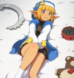 Rule 34 | 1boy, bed sheet, bike shorts under skirt, black skirt, blonde hair, blue eyes, blunt bangs, bridget (guilty gear), bridget (guilty gear) (cosplay), button eyes, buttons, commentary request, cosplay, covering crotch, covering privates, cuffs, green eyes, guilty gear, handcuffs, heterochromia, highres, hood, hood up, long sleeves, lying, male focus, mare bello fiore, mars symbol, on back, open mouth, overlord (maruyama), oversized object, pleated skirt, pointy ears, shirosato, skirt, socks, solo, stuffed animal, stuffed toy, teddy bear, trait connection, trap