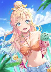 1girl absurdres birthday blonde_hair blue_eyes breasts cleavage highres iroenpitsu_xxx link!_like!_love_live! long_hair love_live! open_mouth osawa_rurino osawa_rurino_(swimsuit) outdoors short_shorts shorts solo