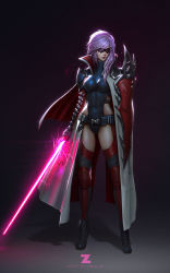 Rule 34 | 10s, 1girl, armor, artist name, belt, cape, energy sword, final fantasy, final fantasy xiii, glasses, lightning farron, lightning returns: final fantasy xiii, lipstick, long hair, makeup, md5 mismatch, purple hair, resized, shield, shoulder armor, solo, pauldrons, sword, thighhighs, weapon, zeronis