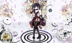 Rule 34 | 1girl, bare shoulders, black hair, breasts, character name, cleavage, clock, date a live, elbow gloves, garter straps, gears, gloves, heterochromia, highres, knees together feet apart, looking at viewer, medium breasts, open mouth, red eyes, revision, smile, solo, thighhighs, tokisaki kurumi, translation request, tsubasaki, twintails, yellow eyes