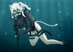 Rule 34 | 1girl, absurdres, air bubble, ammunition pouch, animal ears, assault rifle, battleship, black gloves, black nails, black wetsuit, bodysuit, breasts, bubble, diving, diving mask, diving regulator, diving suit, earrings, fingerless gloves, flippers, frogman, gauge, gloves, goggles, grey eyes, grey hair, gun, highres, holding, holding gun, holding weapon, hololive, jewelry, knife, large breasts, leotard, lion ears, lion girl, lion tail, load bearing equipment, magazine (weapon), megagogoman, military vehicle, nail polish, oxygen tank, pouch, rebreather, rifle, scuba, scuba gear, scuba tank, ship, shishiro botan, solo, submerged, swimming, tail, thigh pouch, thigh strap, thighs, underwater, virtual youtuber, warship, water, watercraft, weapon, weight belt, wetsuit