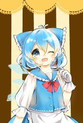 Rule 34 | 1girl, adapted costume, alternate costume, apron, blue eyes, blue hair, bow, cirno, food, food on face, fork, gloves, hair ornament, hair ribbon, highres, long sleeves, looking at viewer, matching hair/eyes, nisha (pixiv9864862), one eye closed, open mouth, ribbon, see-through, shirt, short hair, skirt, smile, solo, sparkle, striped, striped background, touhou, upper body, vest, waist apron, white gloves, wings
