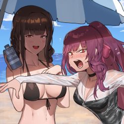 Rule 34 | ^^^, beach, bikini, black bikini, blush, braid, breasts, brown hair, cleavage, day, dsr-50 (girls&#039; frontline), girls&#039; frontline, hood (james x), large breasts, long hair, looking at viewer, multiple girls, official alternate costume, open mouth, outdoors, purple hair, red eyes, see-through, smile, swimsuit, twin braids, very long hair, wa2000 (girls&#039; frontline), wa2000 (op. manta ray) (girls&#039; frontline)