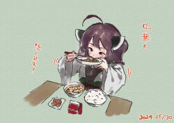 Rule 34 | 1girl, ahoge, bowl, brown eyes, brown hair, chopsticks, dated, eating, food, food request, green background, headgear, holding, holding chopsticks, holding plate, japanese clothes, kimono, lamb (hitsujiniku), long sleeves, obi, plate, rice, sash, solo, table, touhoku kiritan, translation request, twintails, upper body, voiceroid, white kimono, wide sleeves