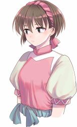 Rule 34 | 1girl, breasts, brown eyes, brown hair, closed mouth, gensou suikoden, gensou suikoden ii, hairband, highres, looking to the side, nanami (suikoden), senri iroiro, short hair, simple background, small breasts, solo, upper body, white background