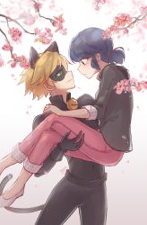 Rule 34 | 1boy, 1girl, animal ears, blonde hair, blue eyes, blue hair, bodysuit, branch, cat ears, cat tail, chat noir, domino mask, from side, green eyes, haiyun, highres, holding person, long hair, looking at another, marinette dupain-cheng, mask, miraculous ladybug, pants, pink footwear, pink pants, polka dot, short hair, smile, tail, twintails