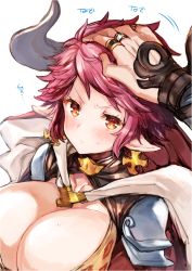 Rule 34 | 1boy, 1girl, animal ears, animal print, armor, blush, bra, breasts, brown bra, cape, cleavage, closed mouth, collarbone, commentary request, cow ears, cow horns, cross, cross earrings, drang (granblue fantasy), earrings, eno yukimi, granblue fantasy, headpat, hood, hood down, hooded cape, horns, huge breasts, jewelry, leopard print, looking at viewer, motion lines, orange eyes, out of frame, pauldrons, pink hair, pointy ears, red cape, ring, short hair, shoulder armor, sidelocks, simple background, solo focus, sturm (granblue fantasy), sweatdrop, underwear, upper body, v-shaped eyebrows, white background, white cape
