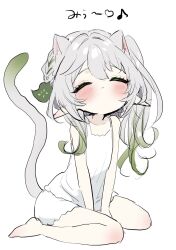 Rule 34 | 1girl, animal ears, bare shoulders, barefoot, blush, cat ears, cat girl, cat tail, closed eyes, closed mouth, commentary request, dress, full body, genshin impact, gradient hair, gradient tail, green hair, grey hair, hair ornament, highres, hirarinoie, kemonomimi mode, leaf hair ornament, long hair, multicolored hair, nahida (genshin impact), pointy ears, simple background, sitting, sketch, sleeveless, sleeveless dress, solo, tail, translation request, v arms, wariza, white background