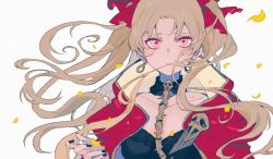 Rule 34 | 1girl, bad id, bad twitter id, black nails, blonde hair, bow, capelet, detached collar, earrings, ereshkigal (fate), fate/grand order, fate (series), fingernails, floating hair, hair bow, highres, infinity symbol, jewelry, leaf, long hair, looking at viewer, nail polish, parted bangs, parted lips, red bow, red capelet, red eyes, satsuki (miicat), simple background, solo, upper body, white background