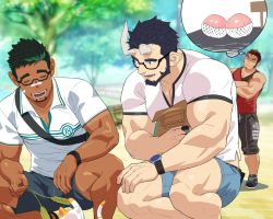 Rule 34 | 3boys, akashi (live a hero), bag, bandaid, bandaid on face, bandaid on nose, bara, beard, black hair, blouse, blue shorts, broken horn, cat, cattail, closed mouth, dark-skinned male, dark skin, demon boy, demon horns, facial hair, food, fruit, glasses, goatee, green hair, grey pants, grey shorts, horns, itto (mentaiko), kyoichi (live a hero), live a hero, long sideburns, male focus, mature male, multicolored hair, multiple boys, muscular, muscular male, nessen (live a hero), open mouth, pants, peach, pectoral cleavage, pectorals, plant, red hair, shirt, short hair, shorts, sideburns, sleeveless, sleeveless shirt, smile, streaked hair, stubble, sweatpants, thick eyebrows, thighs, watch, white shirt, wristwatch