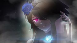 Rule 34 | 1girl, absurdres, blue flower, blue rose, chinese commentary, chromatic aberration, commentary request, dark background, flower, hair flower, hair ornament, hair over one eye, hand in own hair, highres, honkai (series), honkai impact 3rd, jxin, lens flare, long hair, looking at viewer, parted lips, pink eyes, portrait, rita rossweisse, rita rossweisse (fallen rosemary), rose, solo, wallpaper