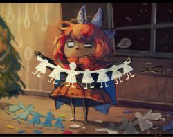 Rule 34 | 1girl, bow, cape, christmas tree, commentary, disembodied head, hair bow, high collar, indoors, koto inari, letterboxed, long sleeves, nukekubi, red hair, scissors, sekibanki, short hair, skirt, snow, solo, touhou, window