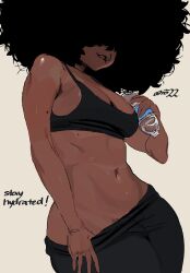 Rule 34 | 1girl, absurdres, afro, artist name, black bra, black hair, black pants, bottle, bra, breasts, cleavage, commentary, english commentary, english text, hair over eyes, highres, holding, holding bottle, long hair, medium breasts, midriff, navel, original, pants, parted lips, simple background, smile, solo, underwear, viv (whoopsatro), water bottle, white background, whoopsatro