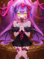 Rule 34 | 1girl, black dress, blush, bodypaint, bow, candy, chikher o, chocolate, chocolate heart, chocolate on body, demon girl, demon tail, demon wings, dress, ear piercing, facepaint, facial mark, food, food on body, green eyes, hair ornament, hair ribbon, hairclip, heart, highres, holding, holding candy, holding food, holding lollipop, holoforce, hololive, lollipop, long hair, looking at viewer, multicolored nails, nail polish, off shoulder, piercing, purple hair, red bow, ribbon, shaped lollipop, solo, tail, tokoyami towa, twintails, valentine, virtual youtuber, wings
